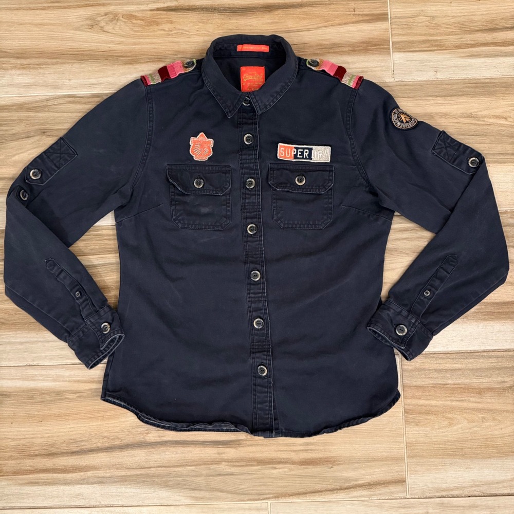 Superdry Delta Military Shirt Navy Blue Embroidered Patches Epaulettes
